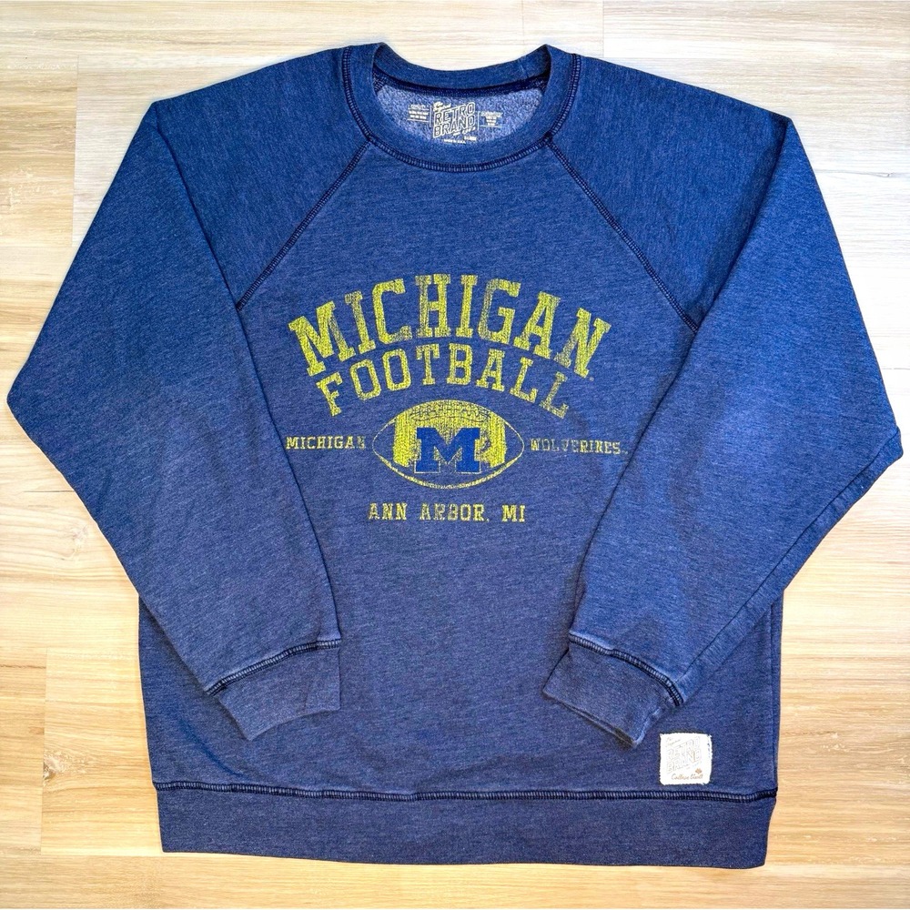 Michigan Wolverines Sweatshirt NCAA Football Blue Yellow Men's XL Retro Crewneck